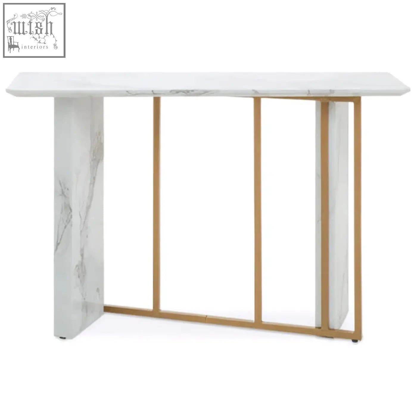 Vieste white marble console table with white marble top and gold-toned metal legs and vertical supports