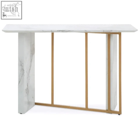 Vieste white marble console table with white marble top and gold-toned metal legs and vertical supports