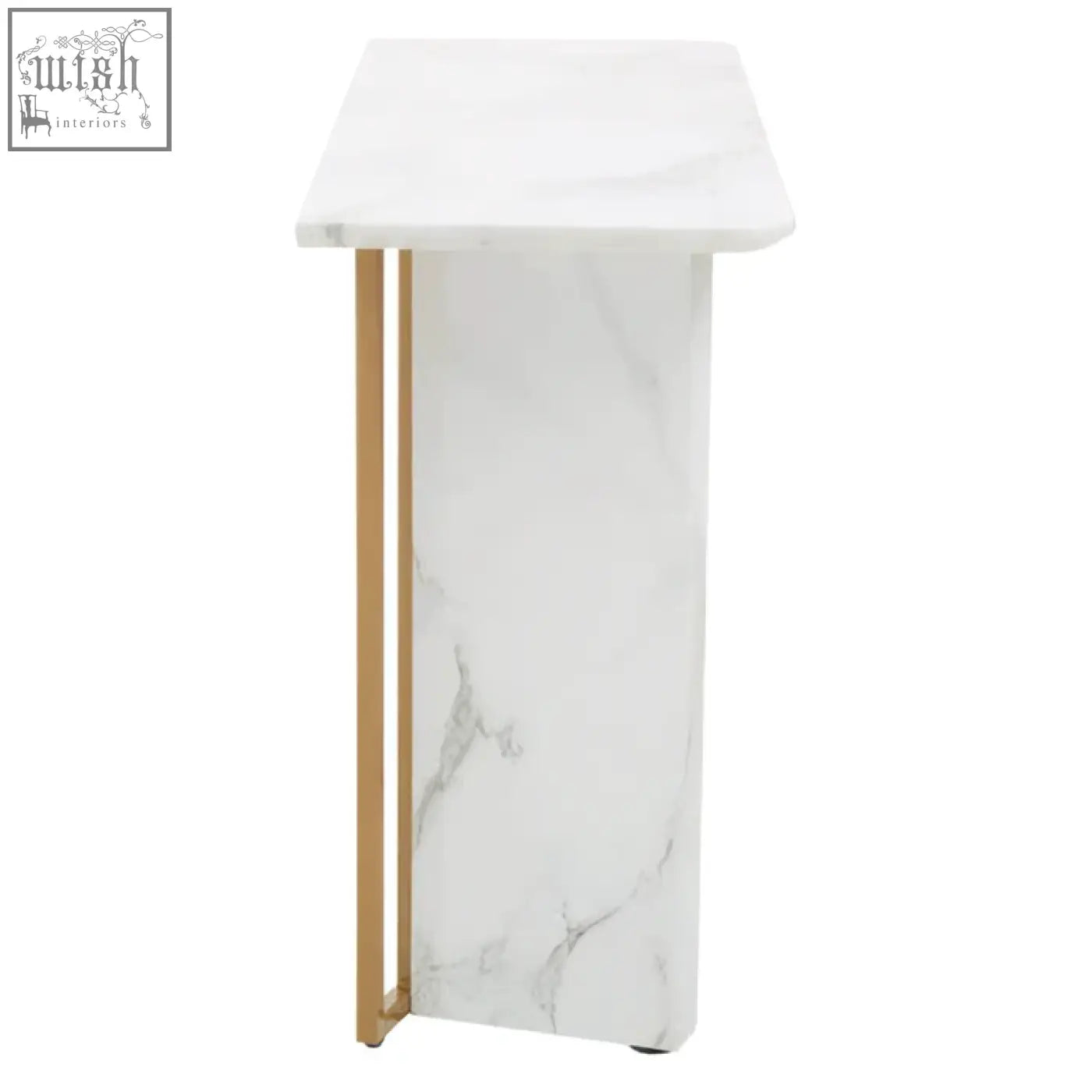 Vieste white marble console table with white marble effect top and gold-toned metal legs side view