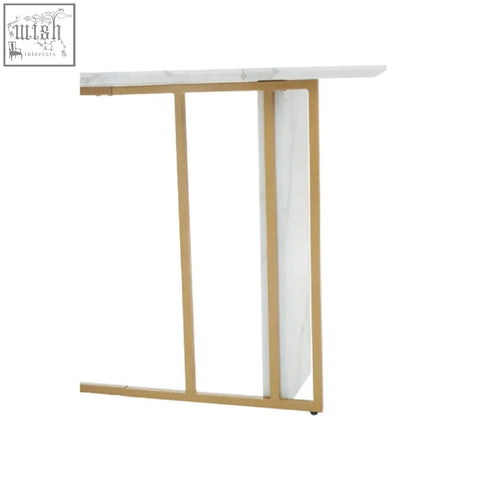 A sleek vieste white marble console table with a white marble top and gold-toned metal legs