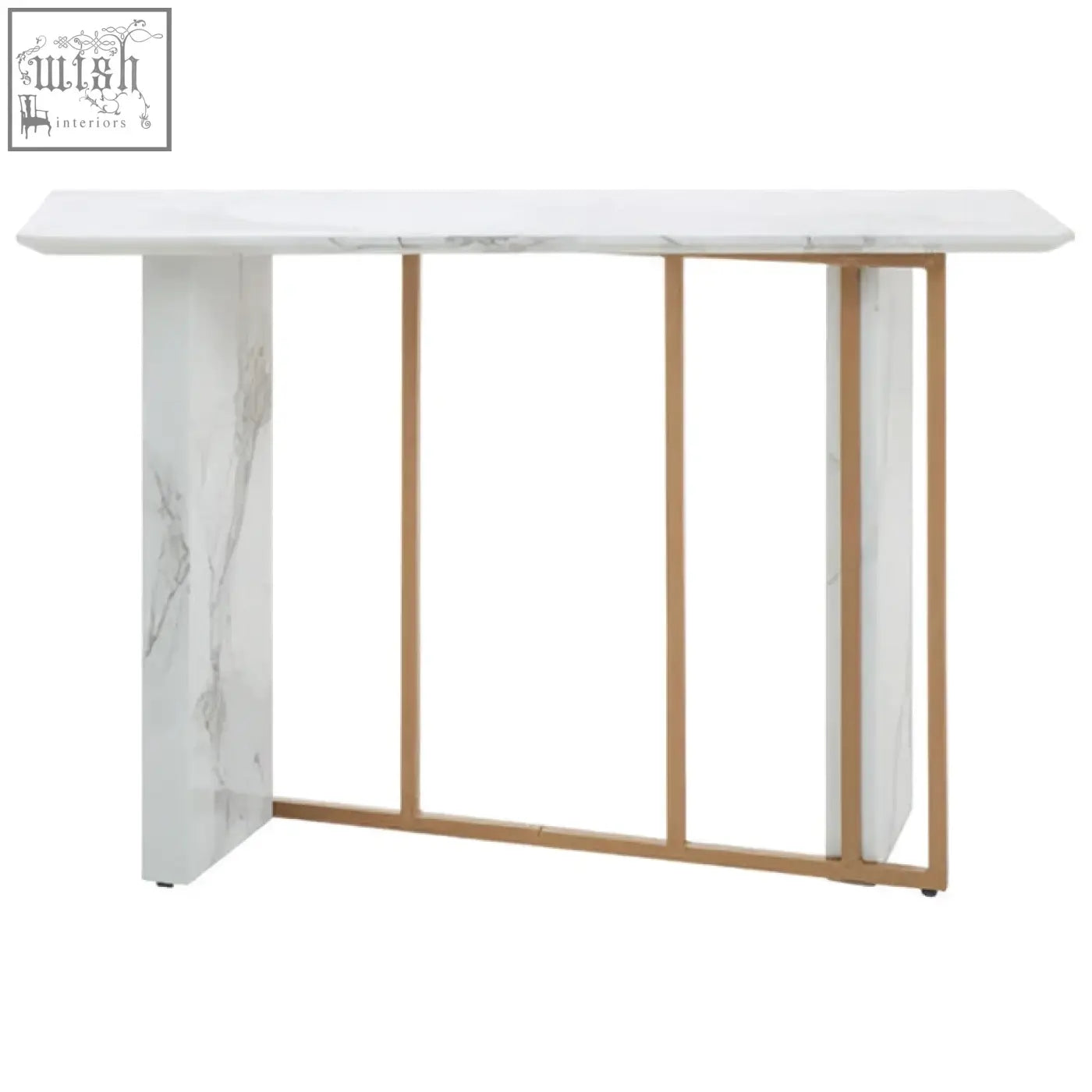 Vieste white marble console table with white marble top and gold-toned metal legs and vertical supports