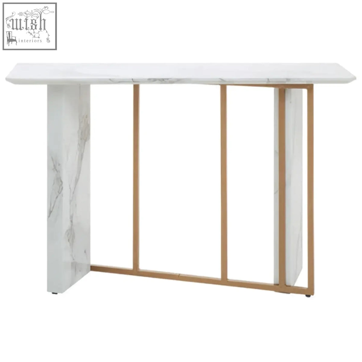 Vieste white marble console table with white marble top and gold-toned metal legs and vertical supports