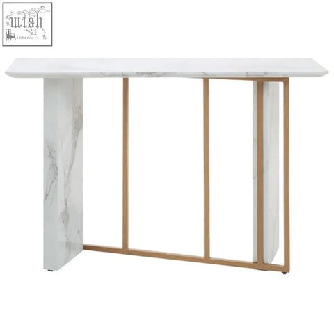 Vieste white marble console table with white marble top and gold-toned metal legs and vertical supports