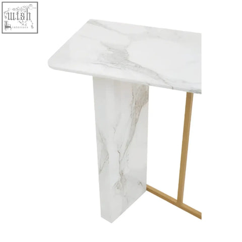 Vieste white marble console table with white marble top and gold-toned metal legs for a sleek minimalist look