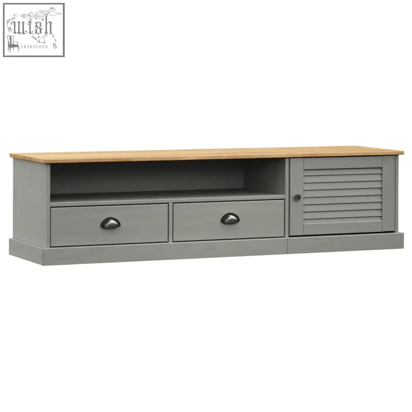 Gray painted wooden tv stand with light oak top, two drawers, louvered door made of solid pine wood, vigo pinewood 156cm