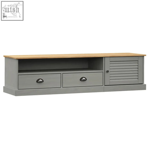 Gray painted wooden tv stand with light oak top, two drawers, louvered door made of solid pine wood, vigo pinewood 156cm