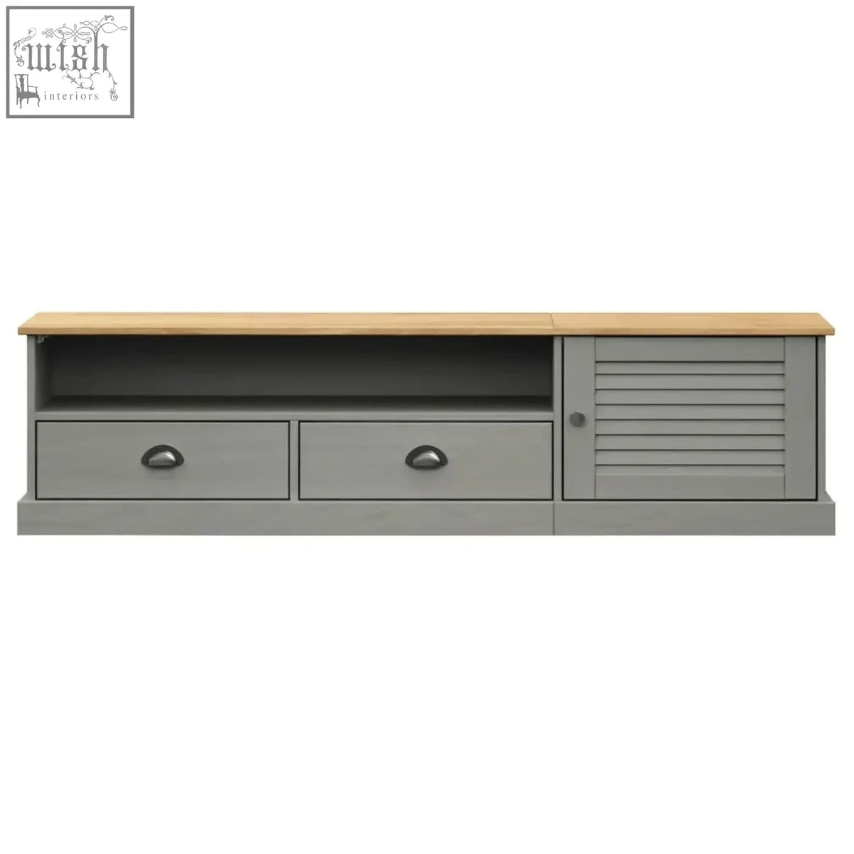 Gray wooden tv stand with light oak top, two drawers, and one louvered door made of solid pine wood, 156cm wide