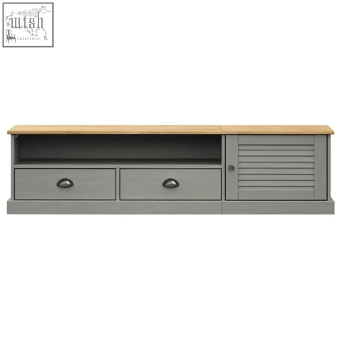 Gray wooden tv stand with light oak top, two drawers, and one louvered door made of solid pine wood, 156cm wide
