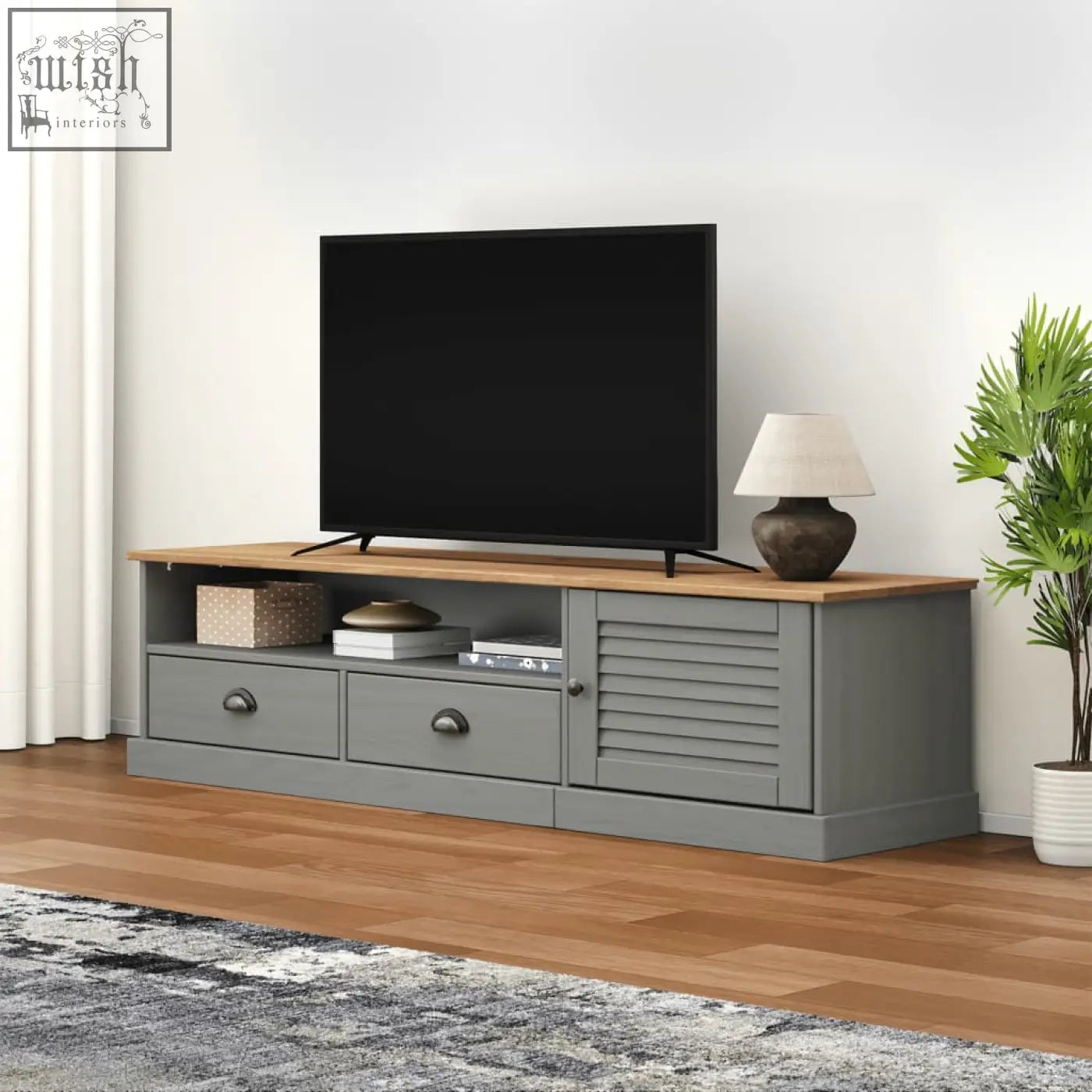Gray wooden tv stand with light pine wood top, two drawers with round metal handles, and slatted cabinet door solid pine wood