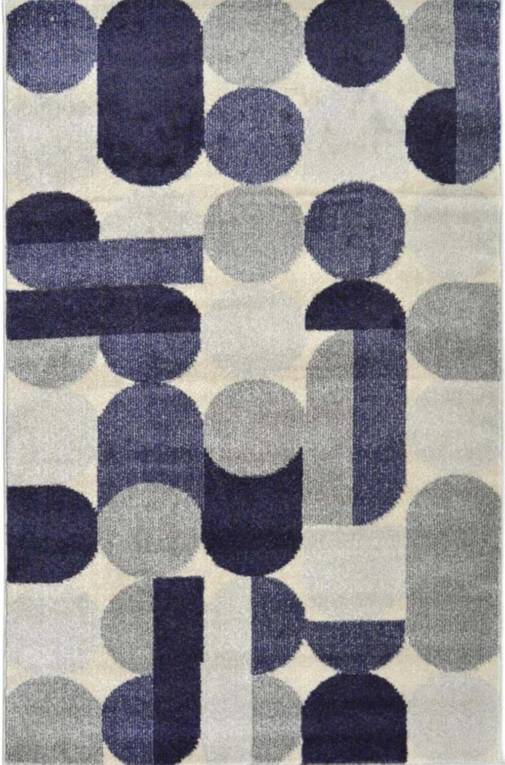 Modern geometric villa blue abstract rug with bold navy blue gray and cream shapes in textured wool blend