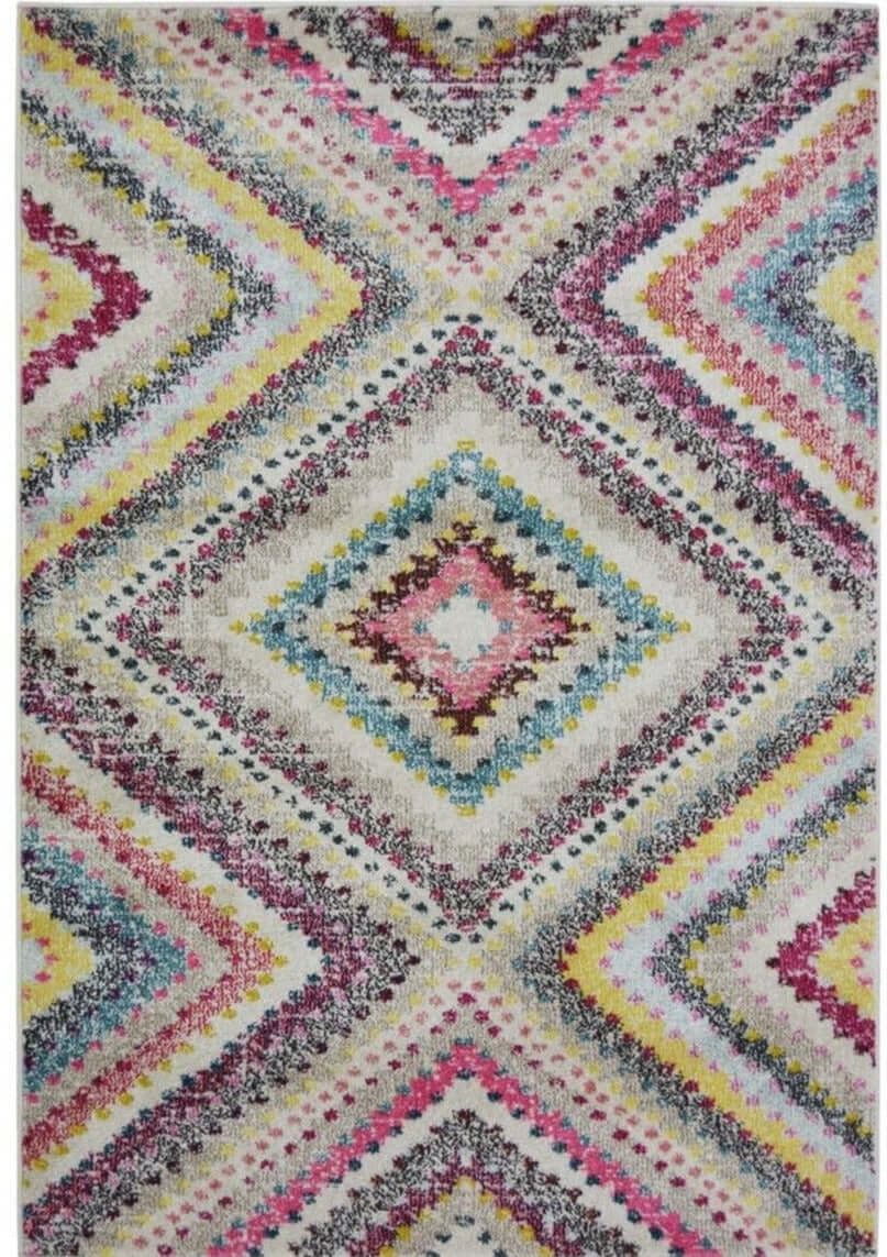 Villa multicolour diamond rug with plush multicolour diamond pattern in pink yellow teal and gray on cream background