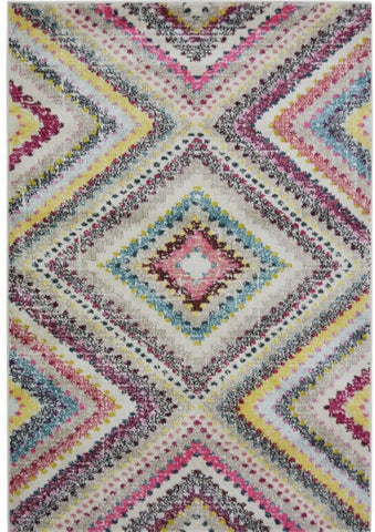 Villa multicolour diamond rug with plush multicolour diamond pattern in pink yellow teal and gray on cream background