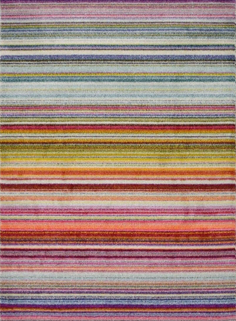 Villa multicolour striped rug featuring vibrant reds oranges yellows purples and blues in a colorful striped rug design