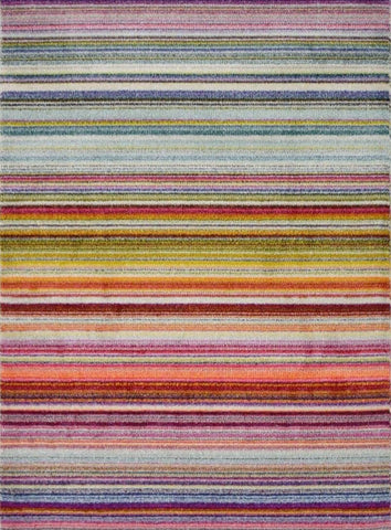 Villa multicolour striped rug featuring vibrant reds oranges yellows purples and blues in a colorful striped rug design