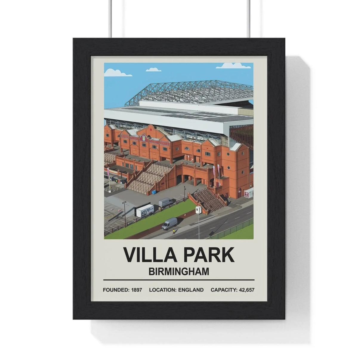 Black-framed poster print featuring an illustrated view of villa park stadium in birmingham england