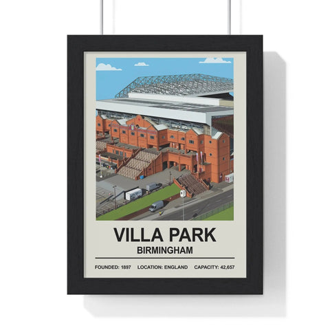Black-framed poster print featuring an illustrated view of villa park stadium in birmingham england
