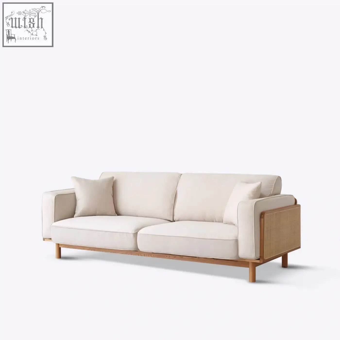 Beige upholstered villa rattan two seater sofa with light wood frame and matching throw pillows for cozy seating