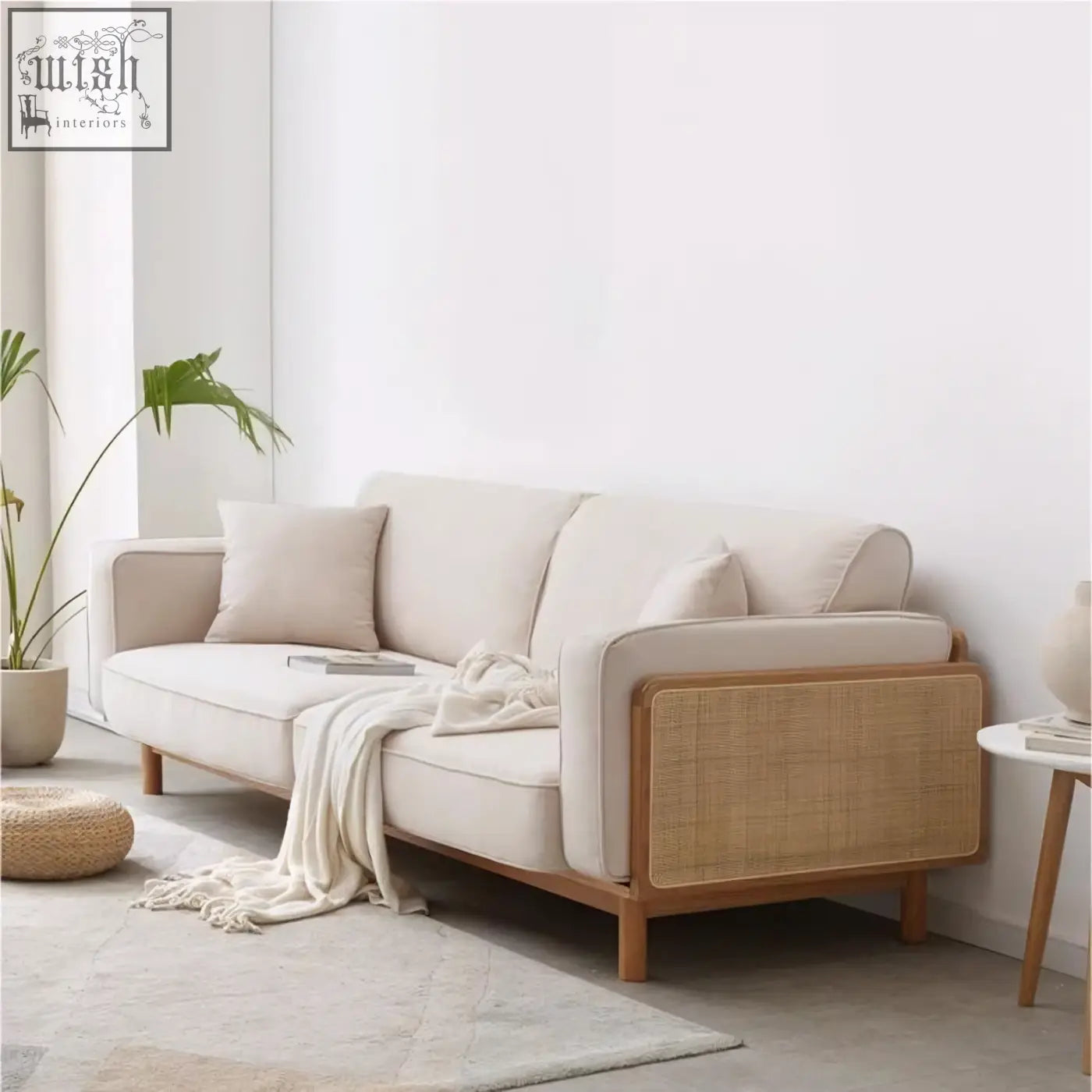 Beige villa rattan two seater sofa with woven rattan panels and light wood frame for cozy seating