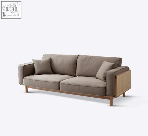 Villa rattan two seater sofa with beige upholstery wooden legs and cane panel accents stylish two seater sofa