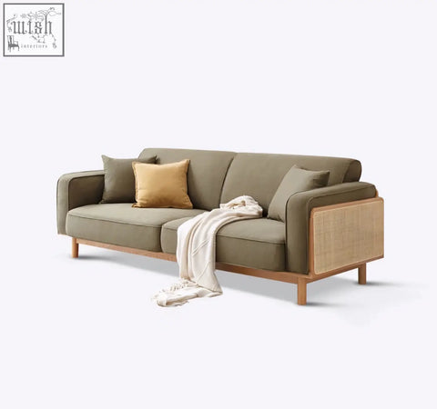 Modern olive green villa rattan two seater sofa with wooden legs and woven cane panel accents
