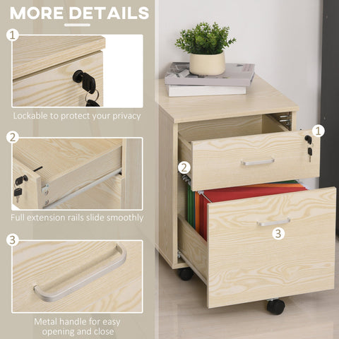 Vinsetto 2-Drawer Locking Office Filing Cabinet w/ 5 Wheels Rolling Storage Hanging Legal Letter Files Cupboard Home Organisation Oak Wood Grain