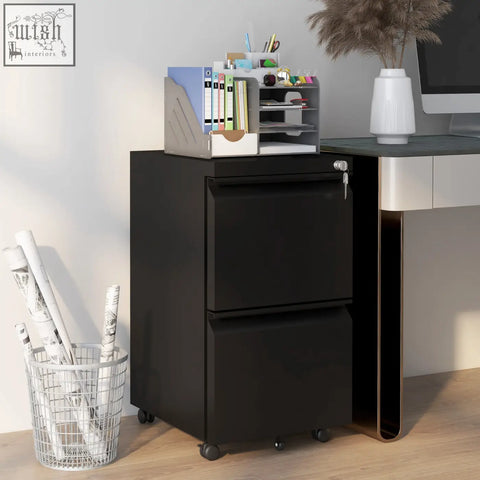 Black vinsetto steel filing cabinet with two drawers, casters, and two keys included for secure lockup