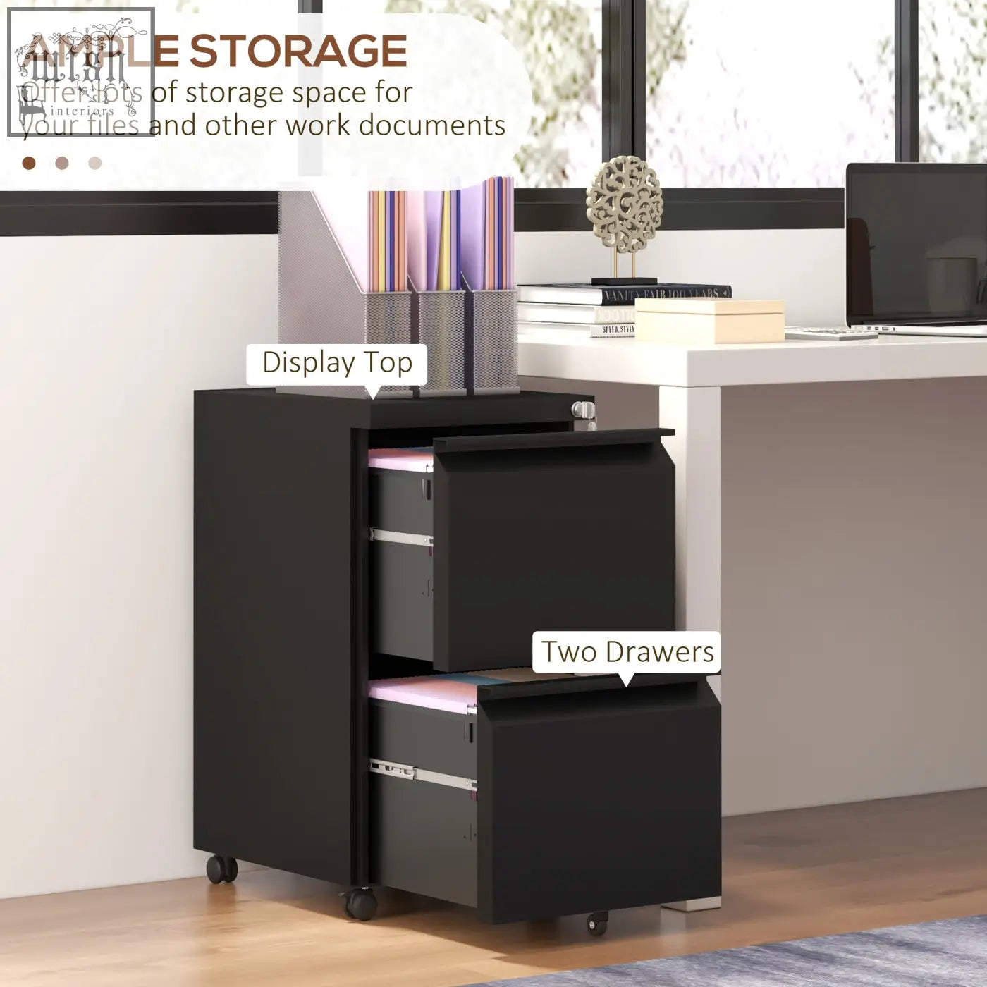 Black vinsetto steel filing cabinet with two drawers, two keys included, lockable and on wheels for easy mobility