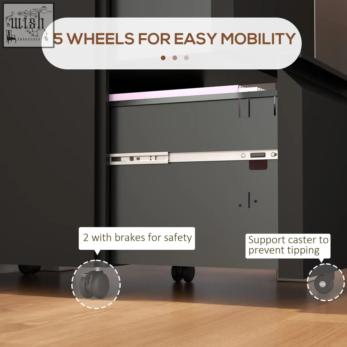 Gray vinsetto filing cabinet with two drawers, steel lockable body, and five black casters including two brakes