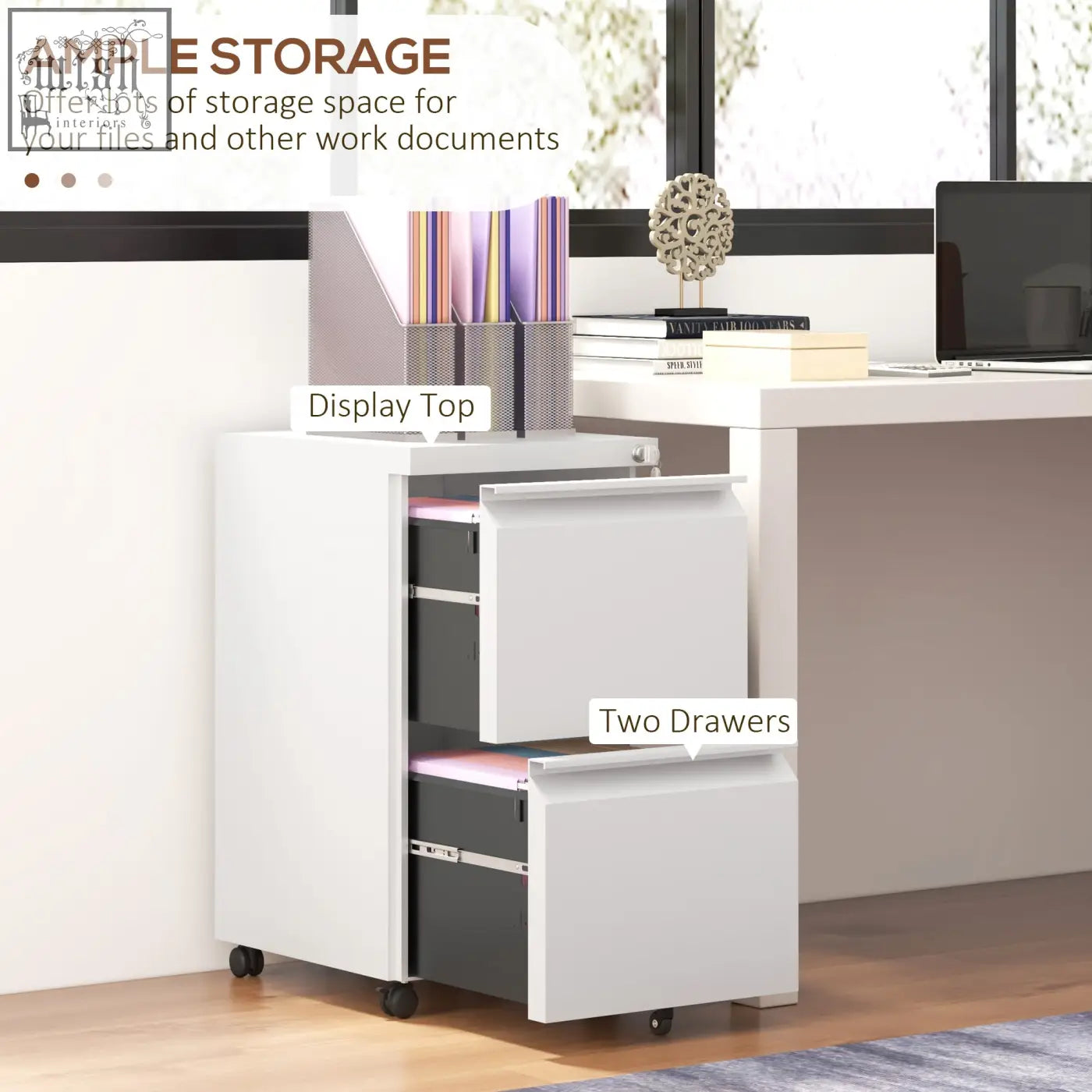 White vinsetto filing cabinet with two drawers steel lockable with two keys included and black wheels for easy mobility