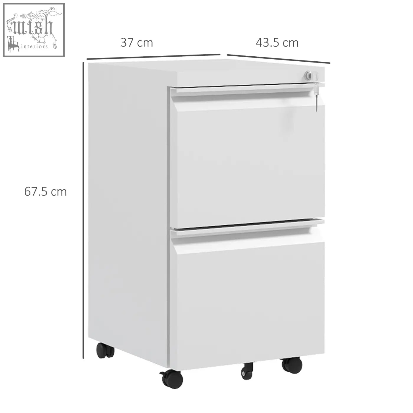 White vinsetto steel filing cabinet with two drawers, two keys included, lockable and mobile with black casters