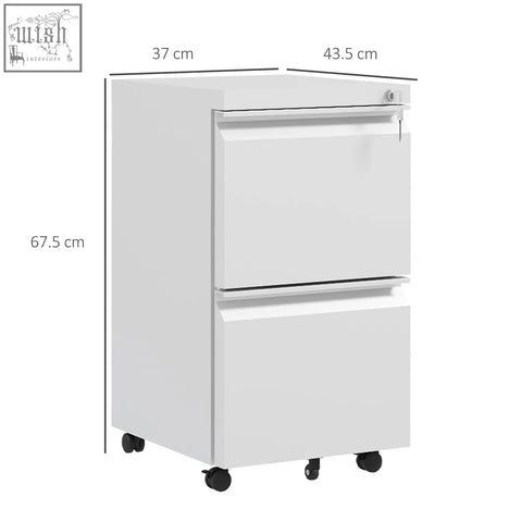 White vinsetto steel filing cabinet with two drawers, two keys included, lockable and mobile with black casters