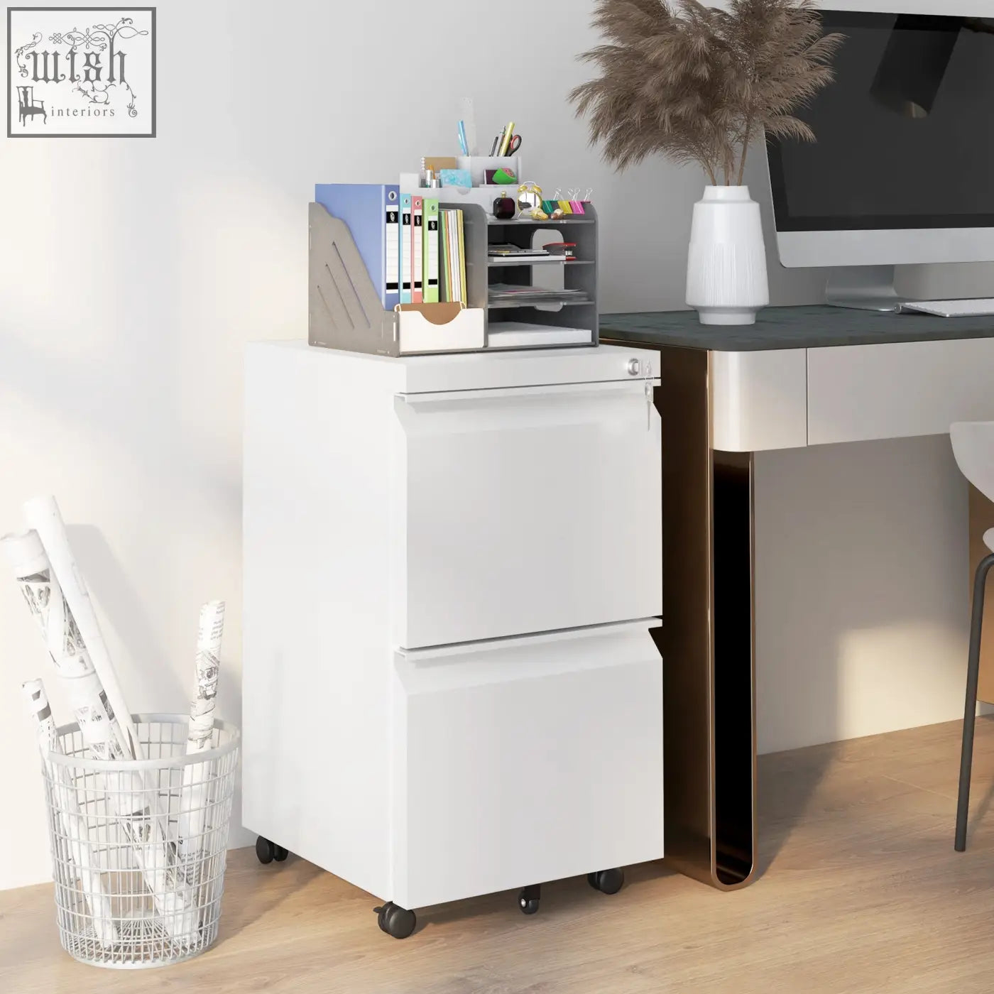 White vinsetto steel filing cabinet with two drawers, two keys included, lockable and on black casters for mobility