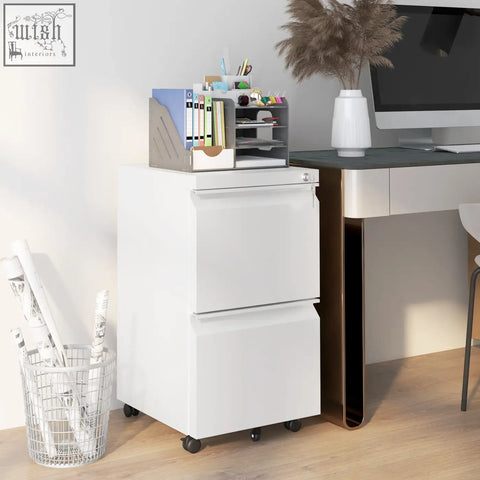 White vinsetto steel filing cabinet with two drawers, two keys included, lockable and on black casters for mobility