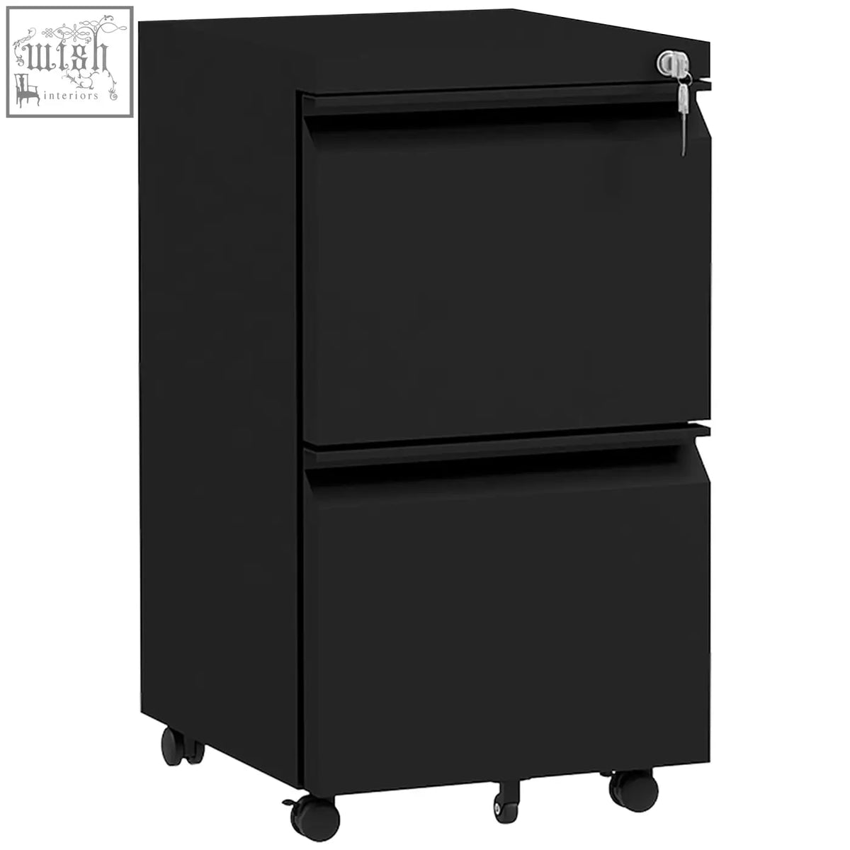 Black steel two-drawer filing cabinet with casters and two keys included for secure mobile storage