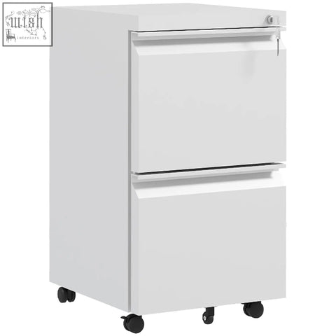 Vinsetto white steel filing cabinet with two drawers lockable top drawer and two keys included on black casters