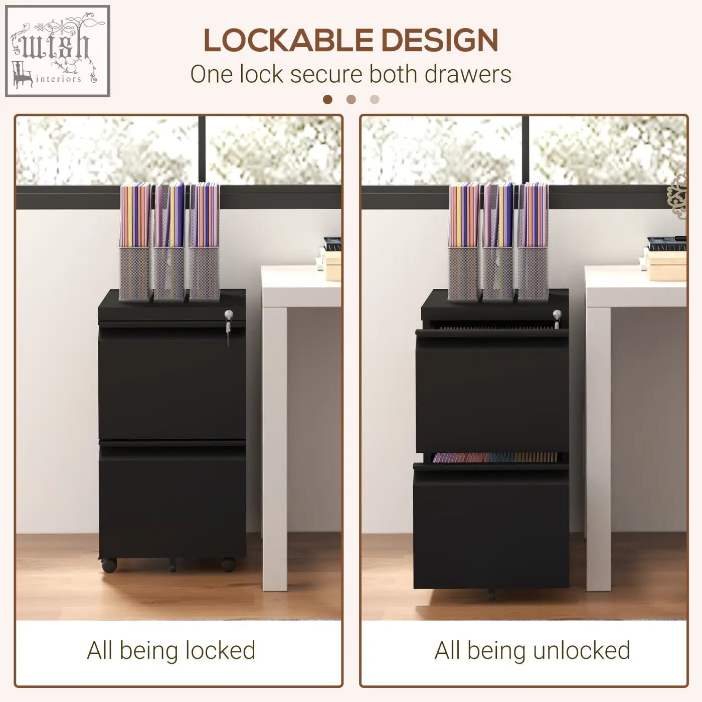 Black Vinsetto two-drawer steel filing cabinet with lockable design and two keys included on casters for easy mobility