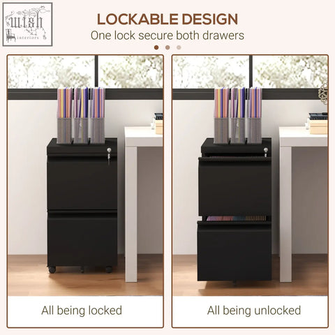 Black Vinsetto two-drawer steel filing cabinet with lockable design and two keys included on casters for easy mobility