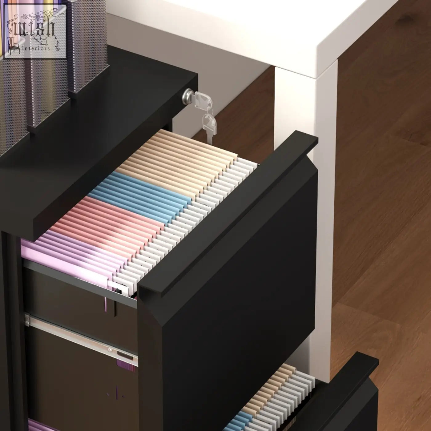 Black vinsetto steel filing cabinet with two drawers and two keys included holds colorful ribbed folders organized