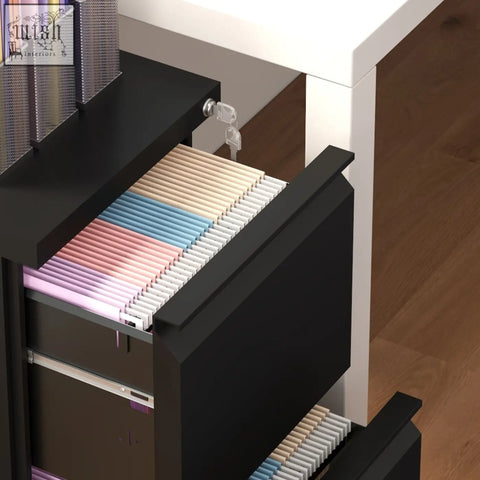 Black vinsetto steel filing cabinet with two drawers and two keys included holds colorful ribbed folders organized
