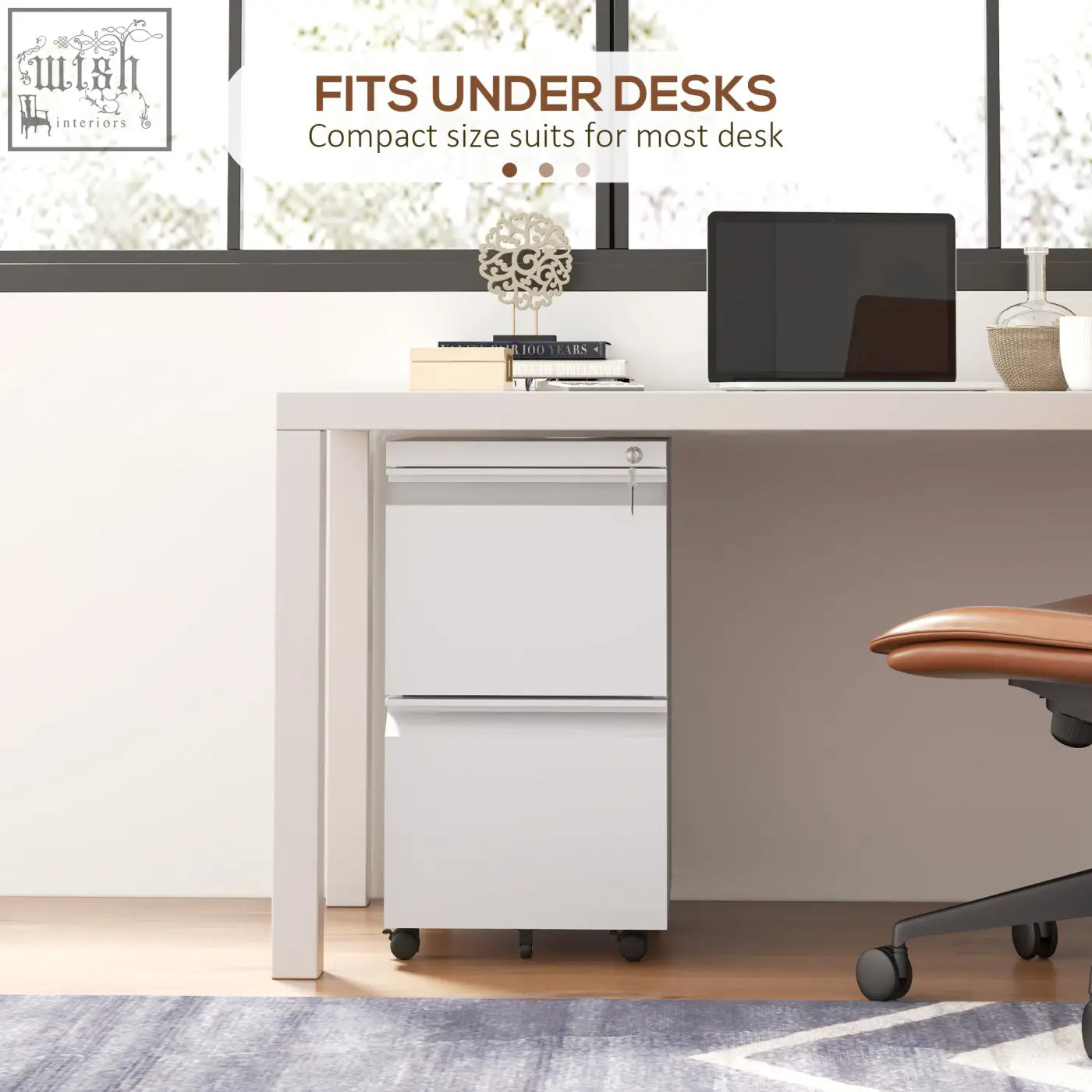 White steel filing cabinet with two drawers and two keys included featuring black casters and a lockable top drawer