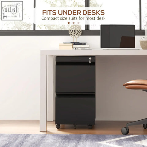 Black vinsetto steel filing cabinet with two drawers, two keys included, and casters for easy mobility