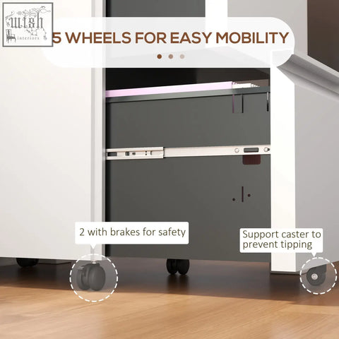 Gray metal filing cabinet with five wheels for easy mobility two drawers two keys included steel lockable and mobile