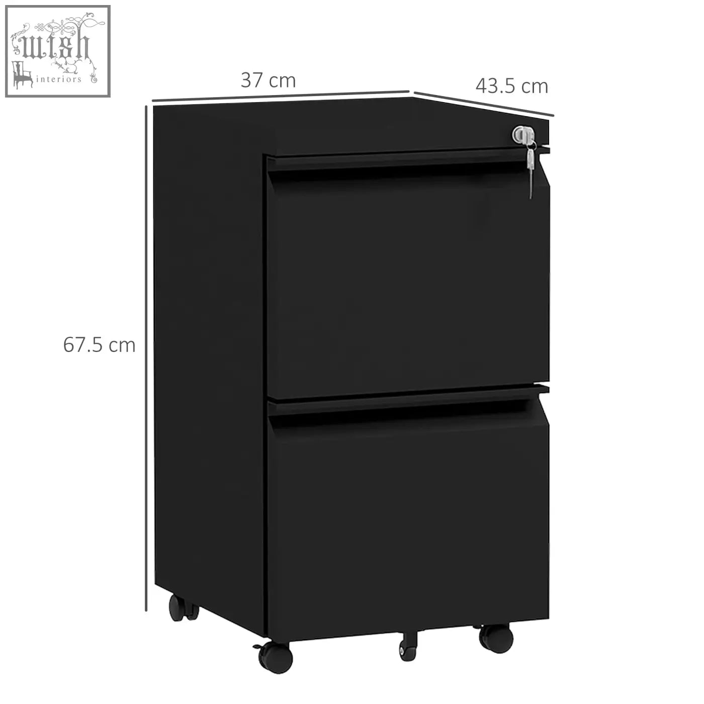 Black vinsetto steel filing cabinet with two drawers, casters, and two keys included for secure storage