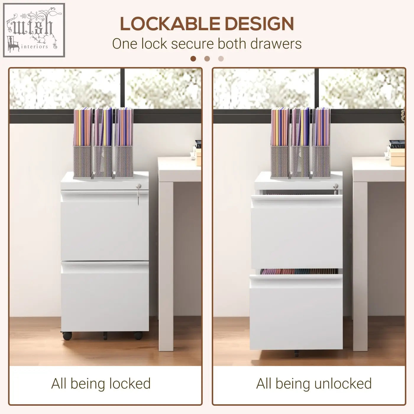 White steel two drawer filing cabinet with lockable design two keys included and casters for easy mobility