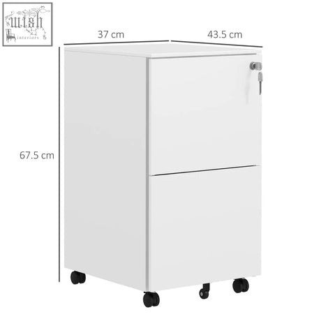White vinsetto steel filing cabinet with two drawers black casters lock and two keys included for secure storage