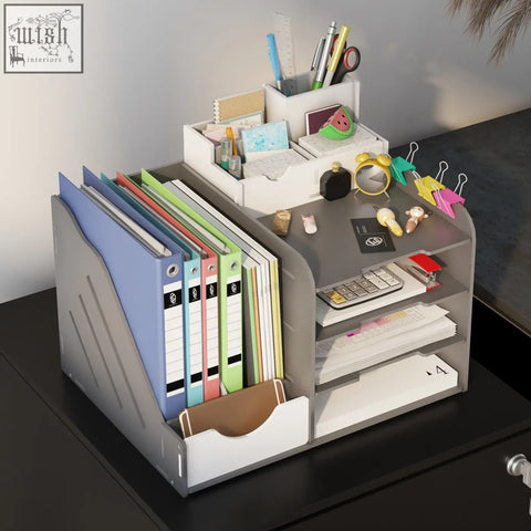Gray plastic desk organizer with multiple compartments inside a black steel mobile filing cabinet with two drawers and two keys included