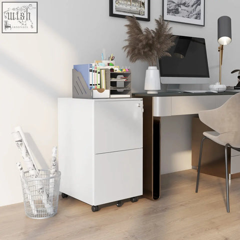 White steel filing cabinet with two drawers, two keys included, mobile with black casters for a4 legal letter sizes