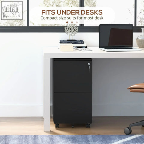 Black steel two-drawer filing cabinet with two keys included and five wheels for mobile office storage