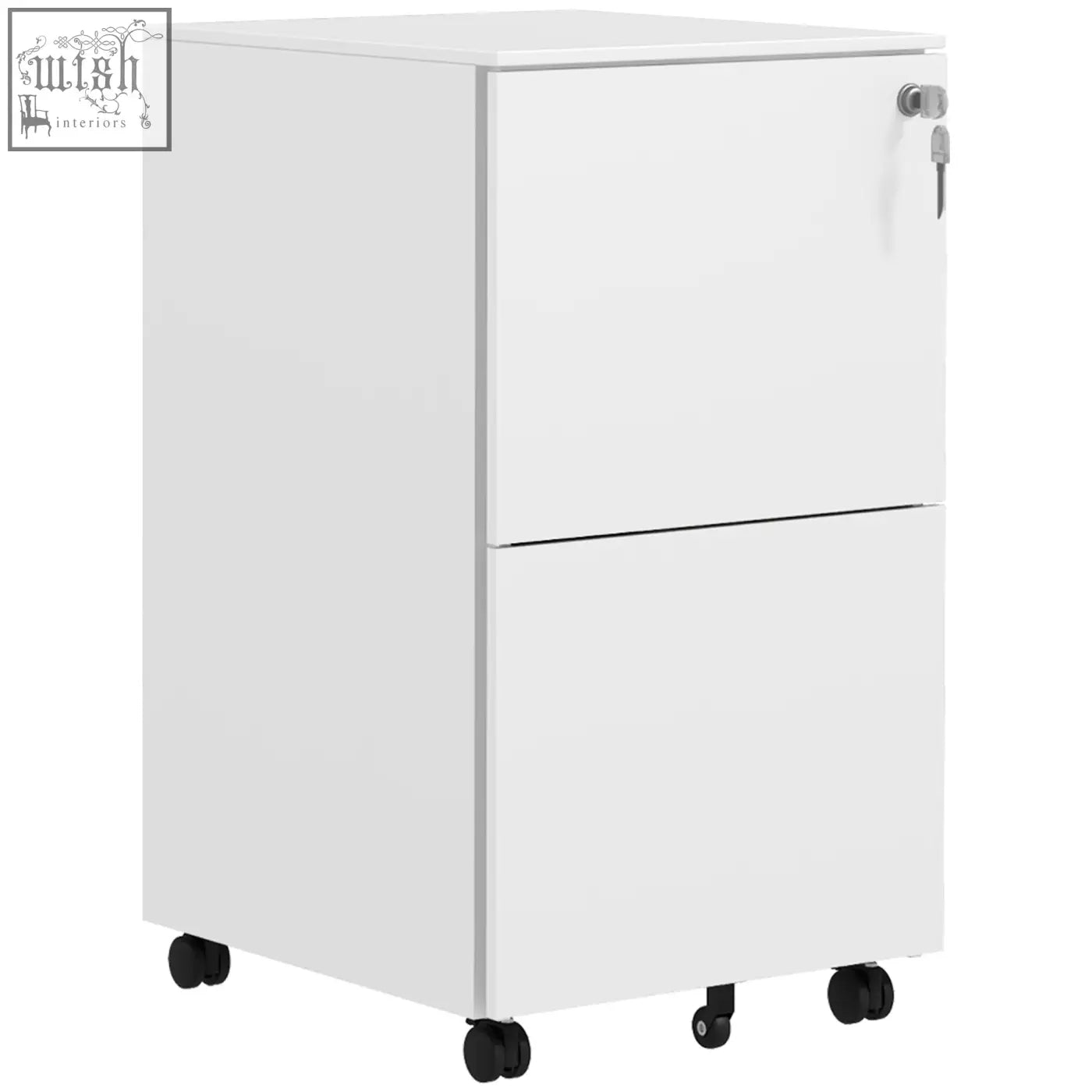White steel filing cabinet with two drawers, key lock, black casters, and two keys included for secure storage