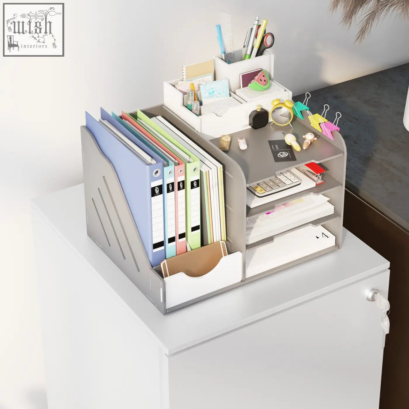 Gray vinsetto filing cabinet with two drawers, lock, two keys included, white accents, steel mobile design on wheels